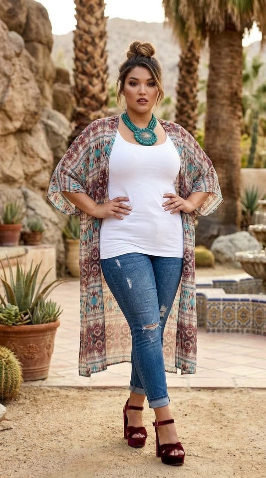 A woman stands outdoors in a desert-style plaza wearing a long, open-front patterned kimono cardigan over a white tank top, blue jeans, and burgundy heels.