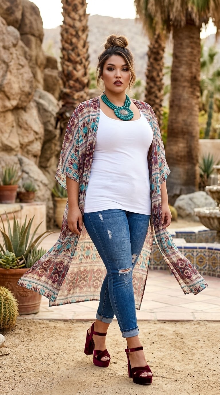Maxi Kimono Teal Brown Burgundy