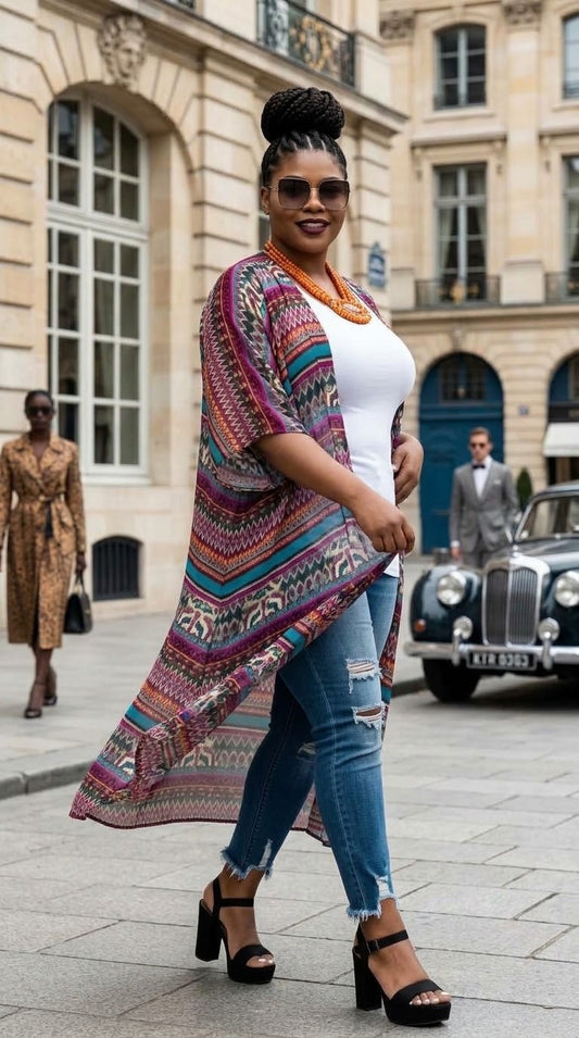 A woman walking on a city street wearing a long, colorful patterned open-front cardigan over a white top and distressed blue jeans, with black high-heeled sandals.