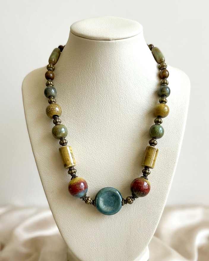 Turquoise Center Earth Tone Beaded Ceramic Necklace