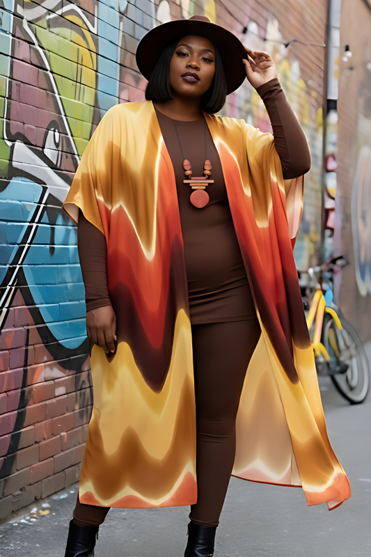 Woman wearing a colorful outfit with a vibrant mural in the background